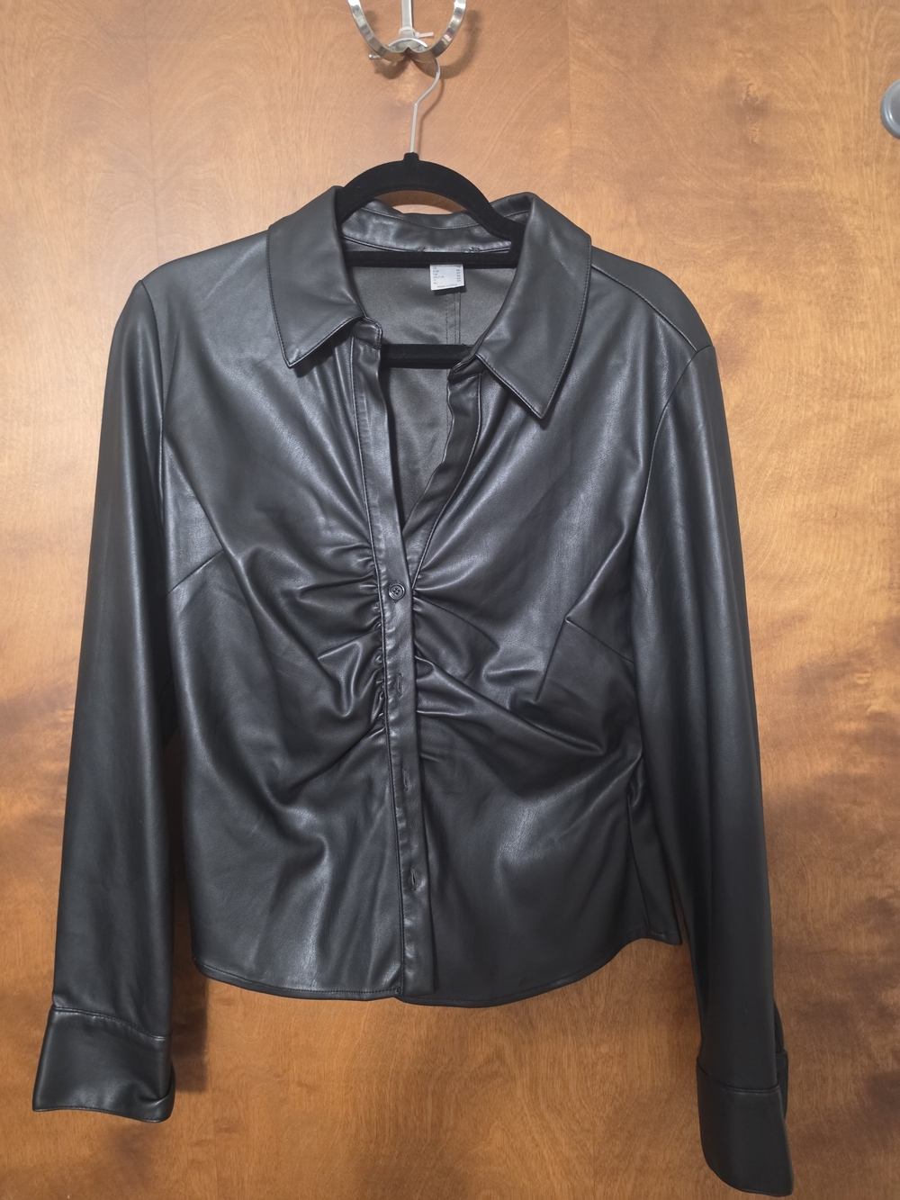 VENUS Black Faux Leather Ruched Button-Down Shirt NWOT